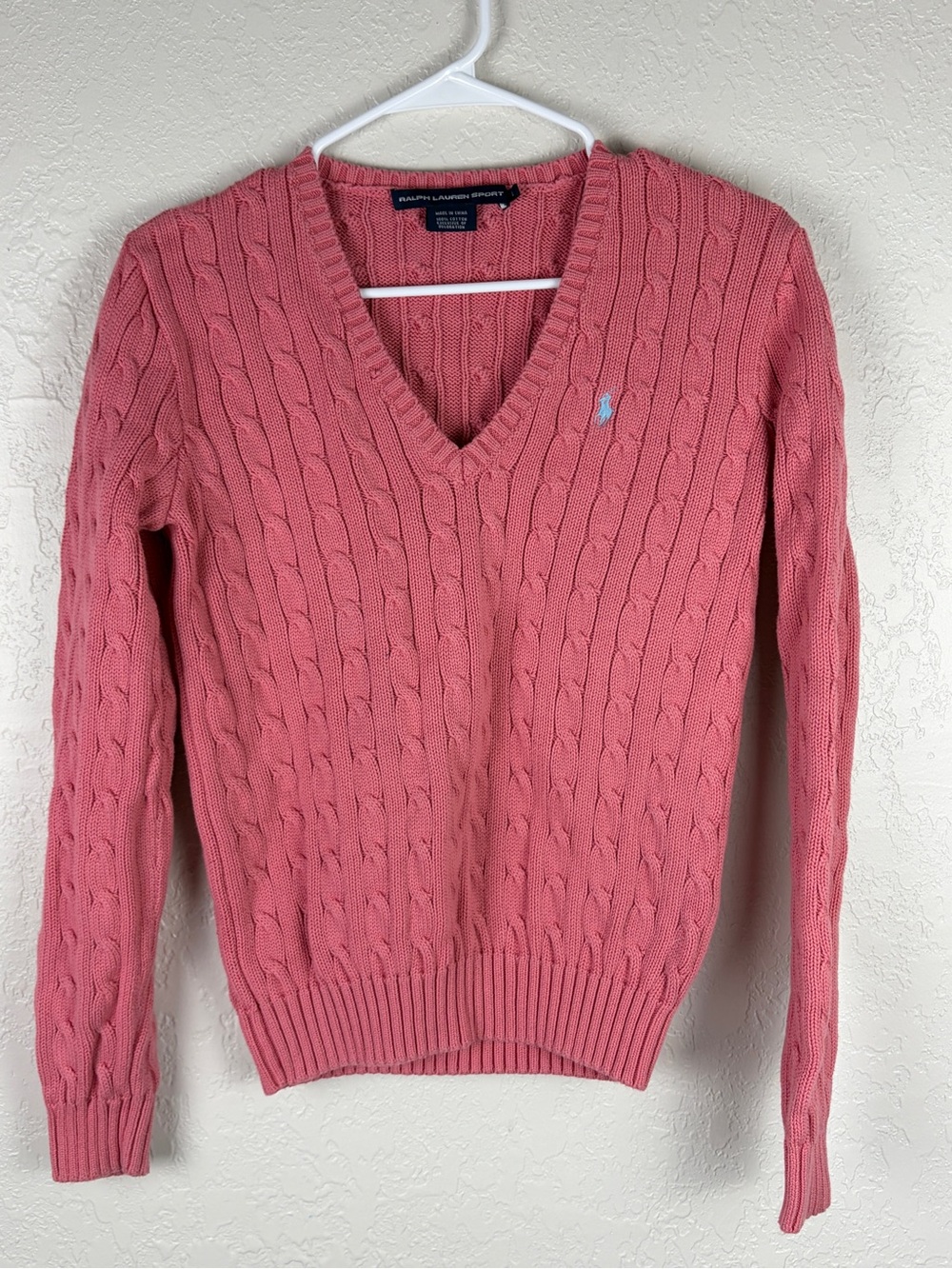 Ralph Lauren Pink Cable-Knit V-Neck Sweater Women's Large